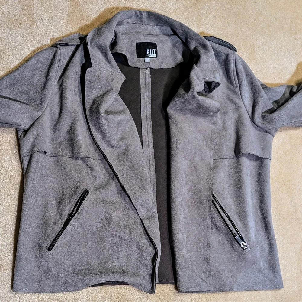 Women's Kut from the Kloth Jacee Draped Gray Faux Suede‎ Moto Jacket | Size XL